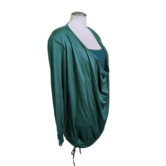 Womens Blouse Top XXL Green Drape Sequins Front Cuff Stretch Knit Long Sleeve - Picture 5 of 7